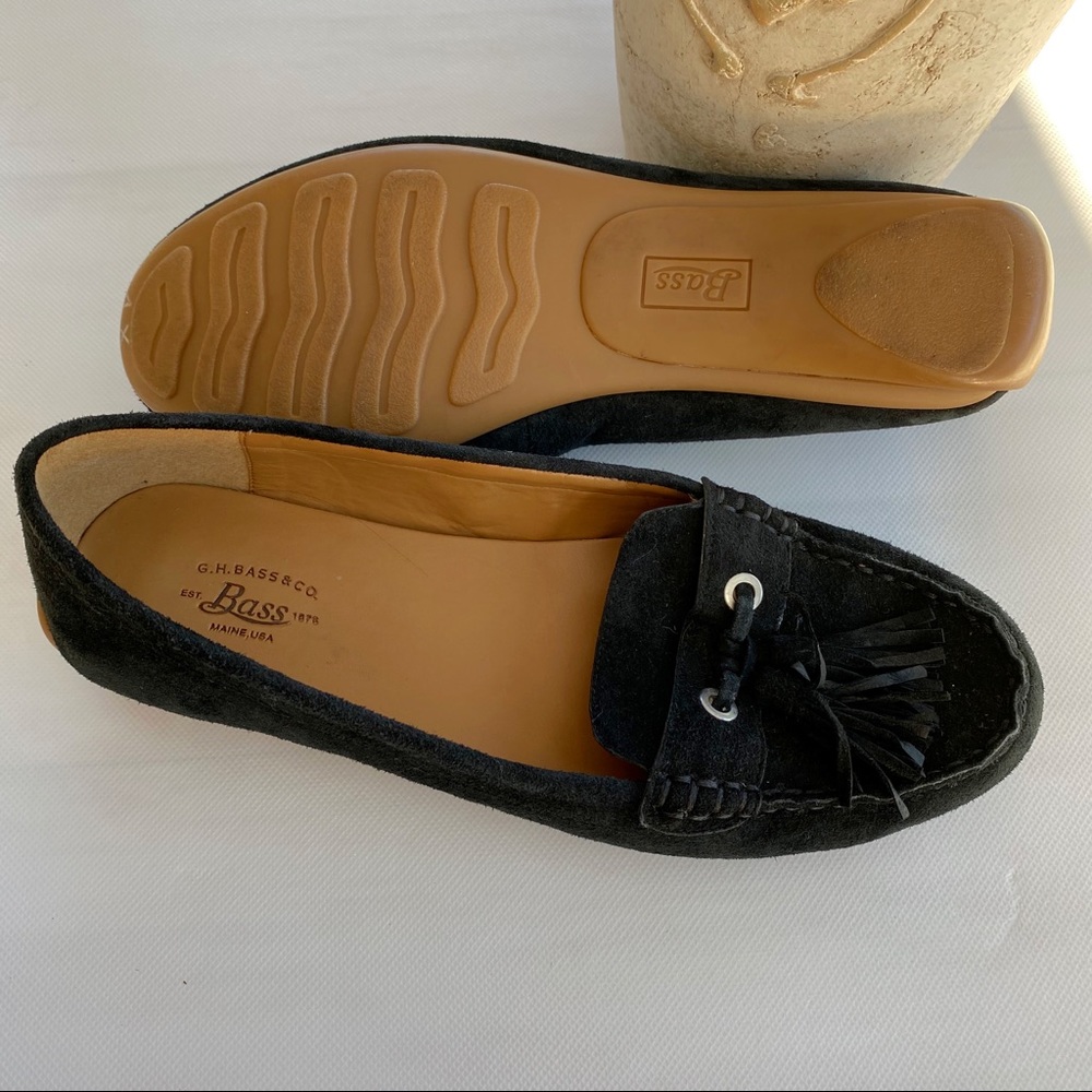 G.H. Bass Bonnie black suede loafers tassels 7